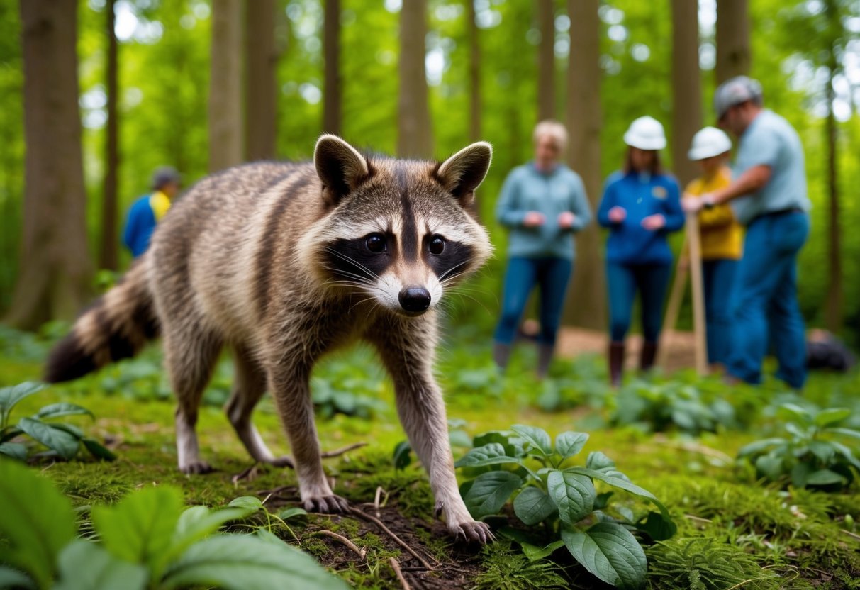 A raccoon dog cautiously explores a lush forest clearing in the UK, its curious gaze fixed on a group of humans engaging in a conservation project