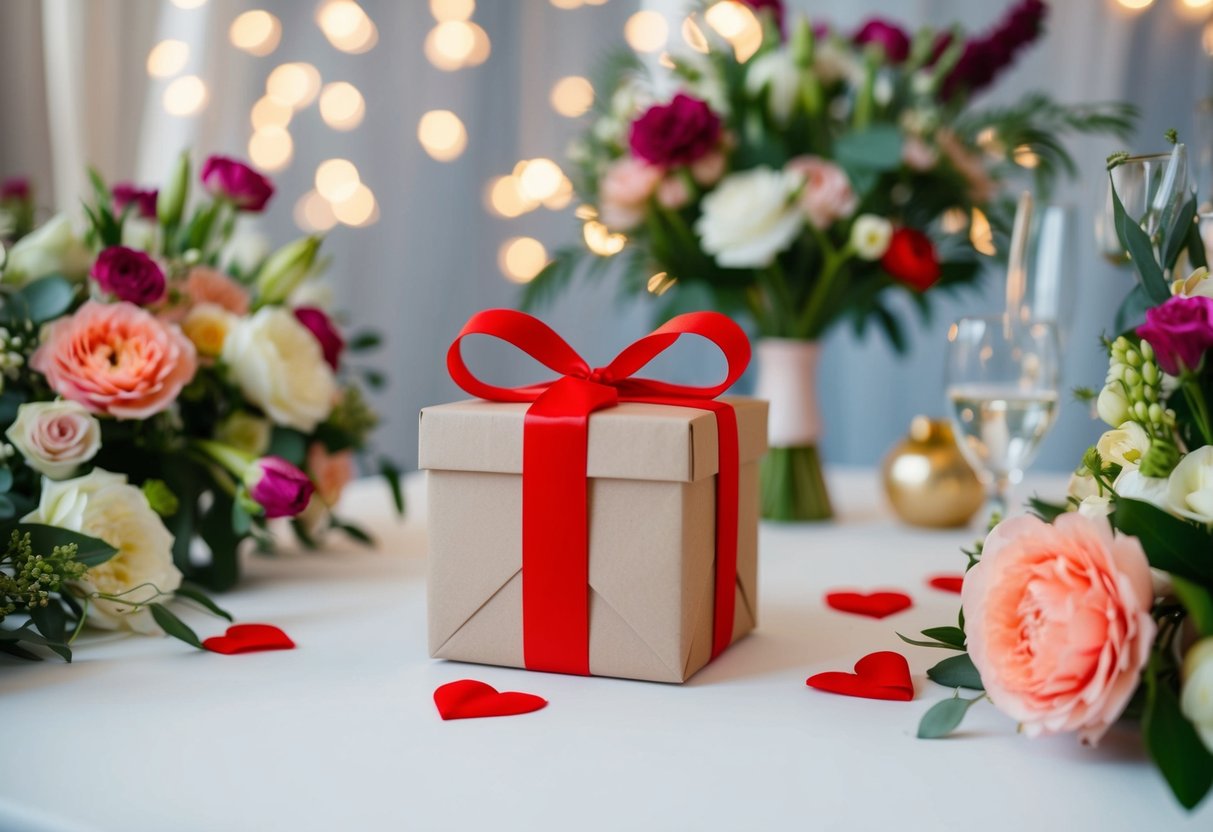 A wrapped gift box on a table, surrounded by flowers and wedding decorations