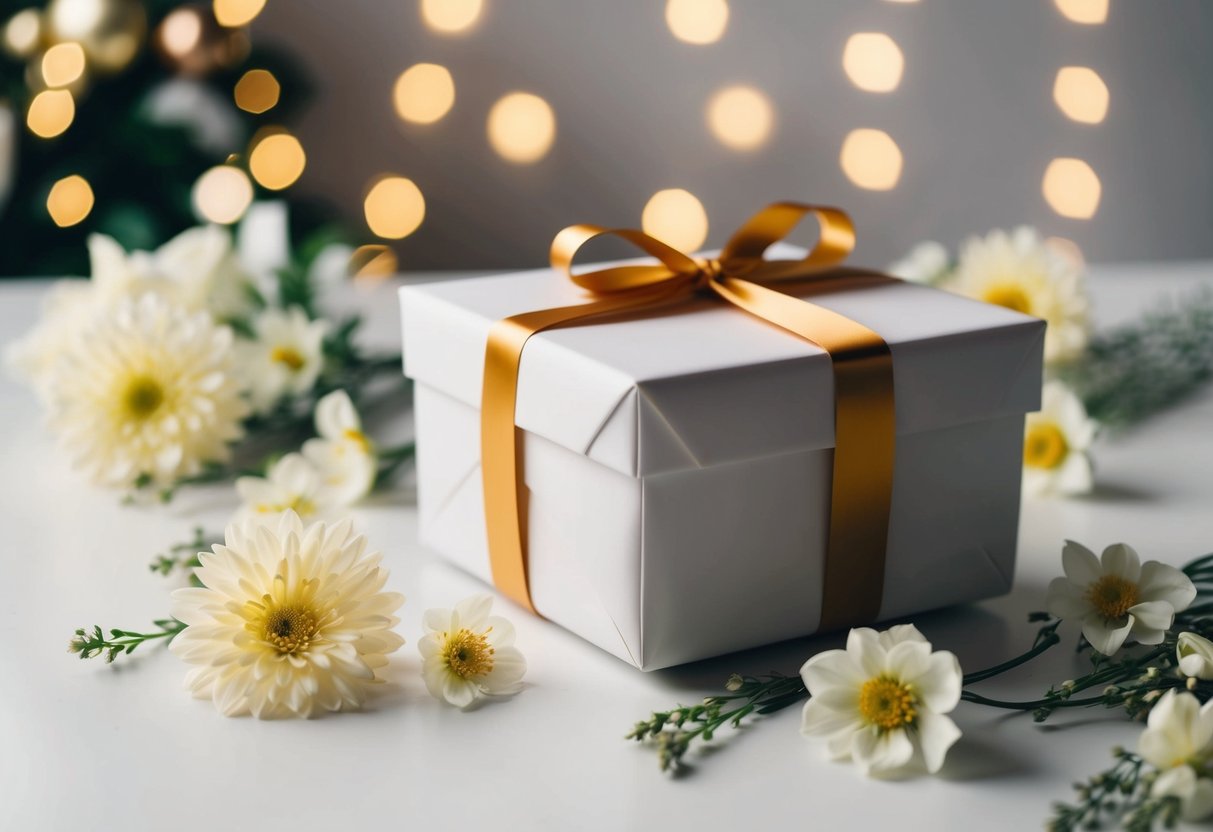 A beautifully wrapped gift box sits on a table, surrounded by delicate flowers and elegant decorations