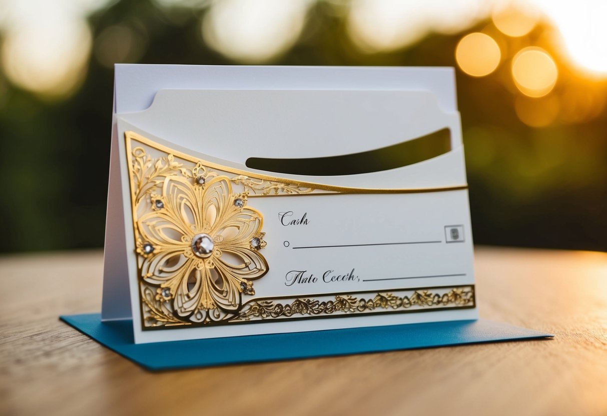 A decorative wedding card with a slot for cash or a check