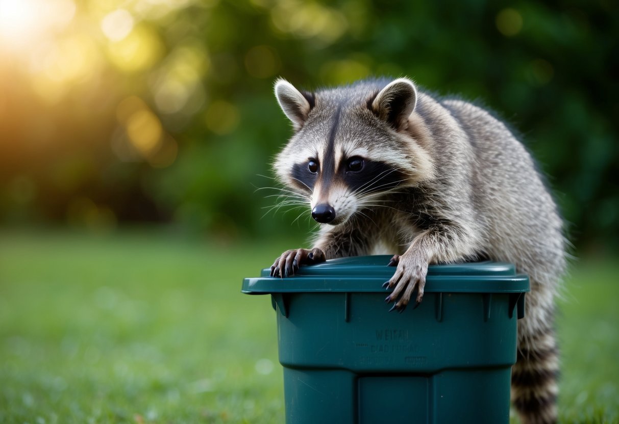 A raccoon attempts to open a trash can, its dexterous paws and curious expression showcasing its wild nature