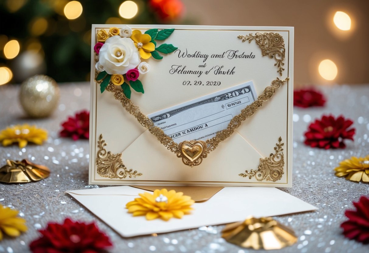 A beautifully decorated wedding card with an envelope and a check or cash tucked inside, surrounded by festive decorations and flowers
