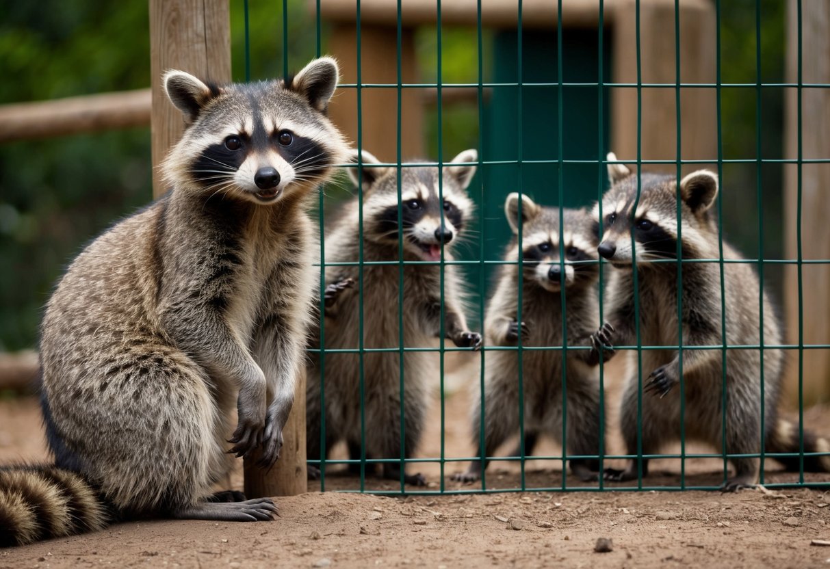 A raccoon sits outside a fenced enclosure, watching a family of raccoons play and interact with humans. The raccoon inside the enclosure looks slightly frustrated and confused
