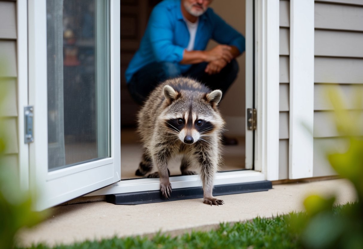 A raccoon attempting to enter a home through a pet door, while a concerned homeowner watches from inside