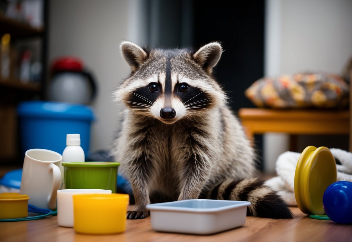 A raccoon surrounded by various household items, looking mischievous and uninterested in human interaction