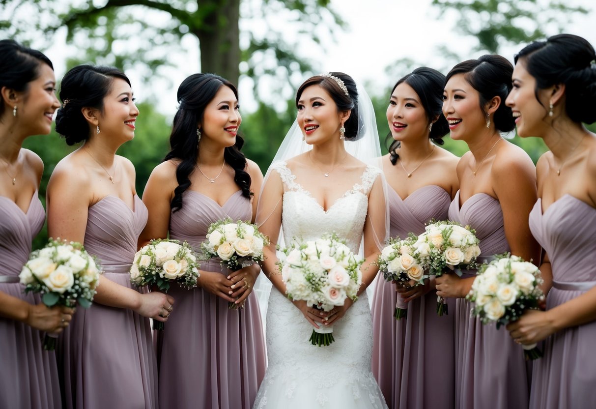 A bride stands surrounded by her fiance's sisters, who are dressed in matching bridesmaid attire, looking at her expectantly