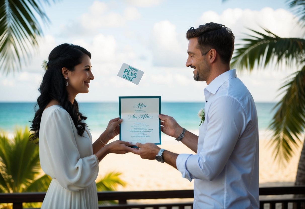 A couple receiving a wedding invitation with a tropical beach background and a note about plus ones