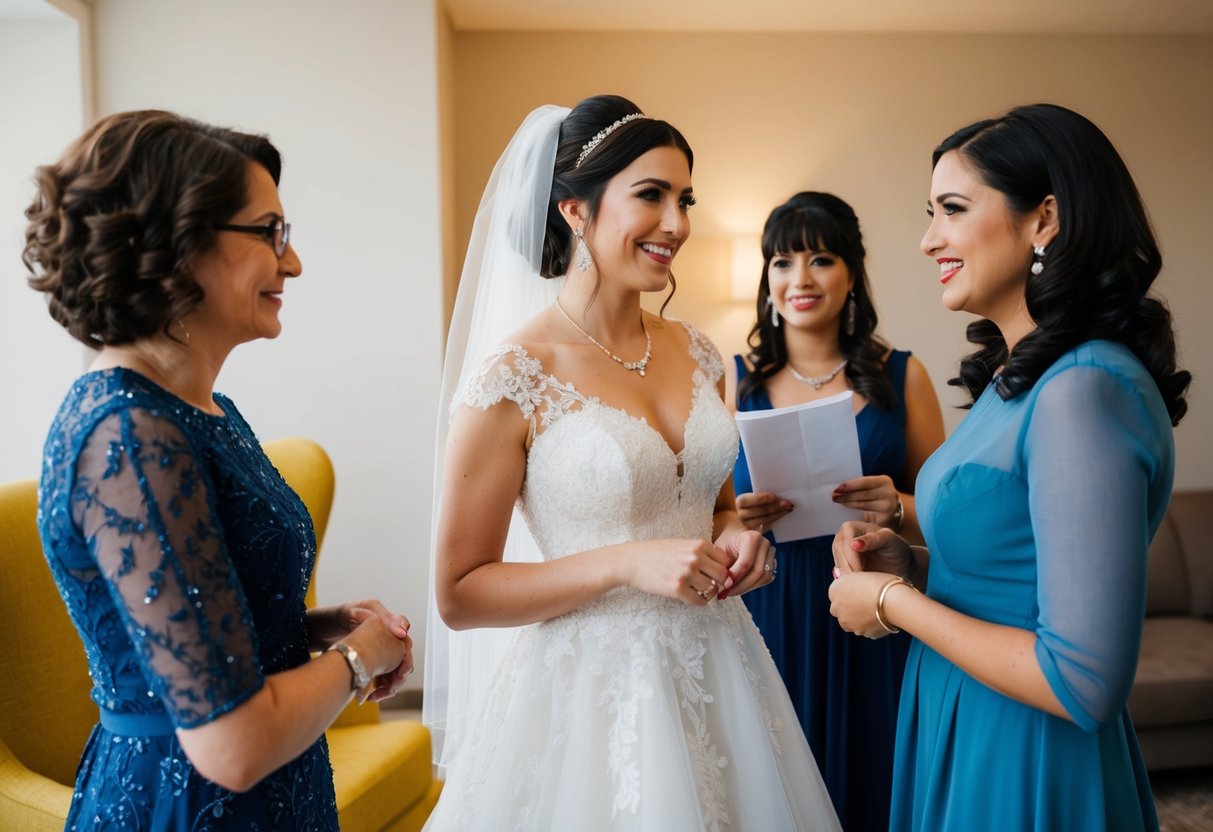 A bride-to-be stands between two women, symbolizing her fiance's sisters, as they discuss wedding plans