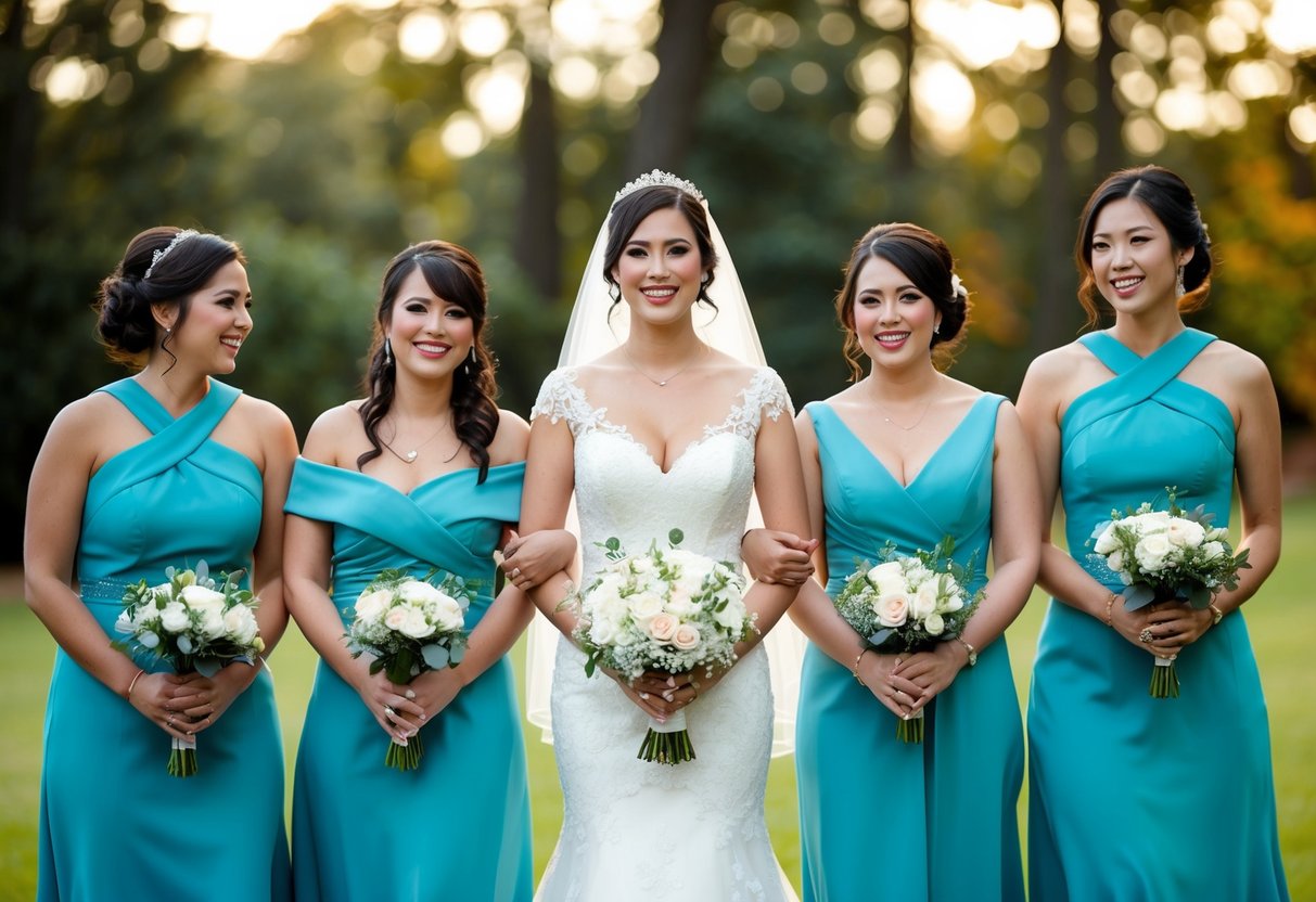 A bride surrounded by her bridesmaids, including her fiance's sisters, all dressed in matching gowns, standing in a line with bouquets in hand