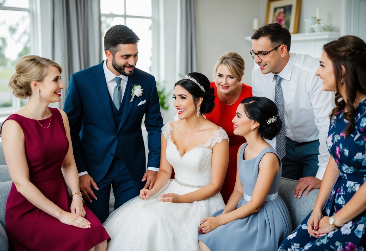 A bride-to-be surrounded by her fiance's family, discussing bridesmaid options