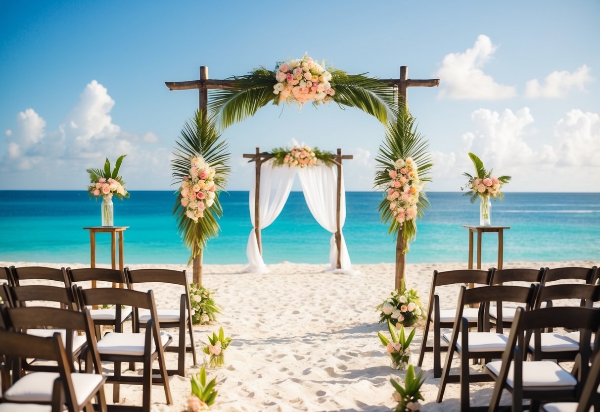 A tropical beach with a wedding setup, including chairs, an arch, and a view of the ocean