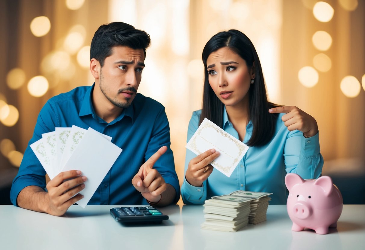 A couple sits at a table with a worried expression, holding wedding invitations and a calculator. They gesture towards a stack of bills and a piggy bank