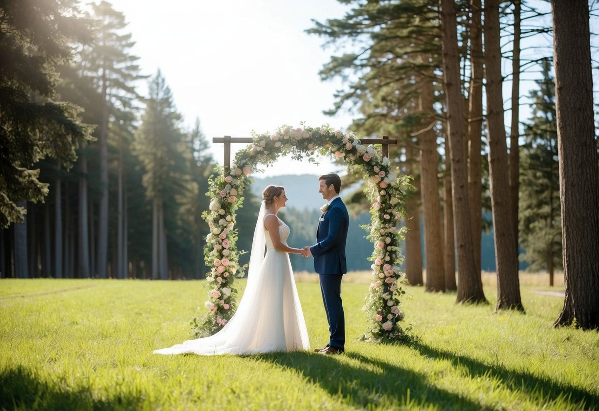 A couple stands alone in a sunlit clearing, surrounded by tall trees, exchanging vows under a floral archway