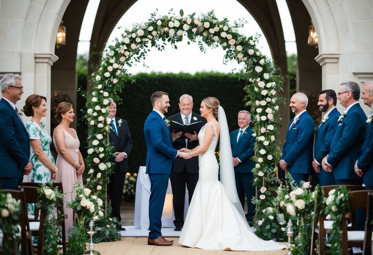 A couple standing at the altar, surrounded by family and friends, exchanging vows under a beautiful archway adorned with flowers and greenery