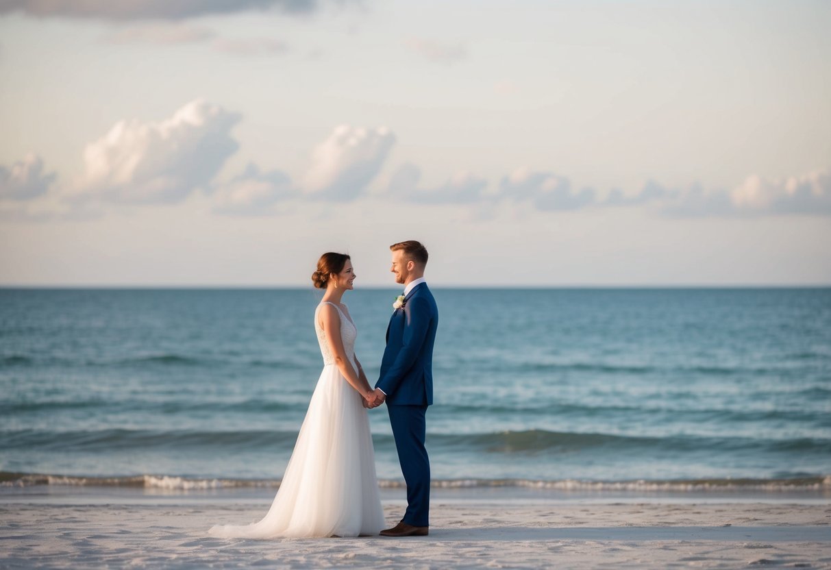 A couple stands alone on a quiet beach, facing each other with the ocean as their backdrop, exchanging heartfelt vows