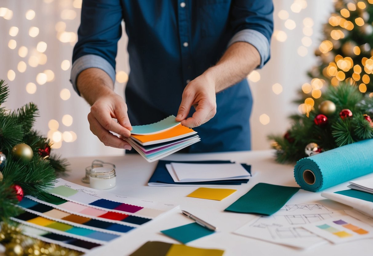 A person organizing a festive event, surrounded by color swatches, fabric samples, and sketches of decorations