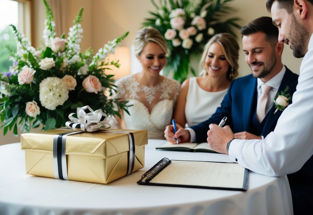 A wrapped gift box sits on a table next to a wedding guest signing a guestbook. Flowers and decorations adorn the room