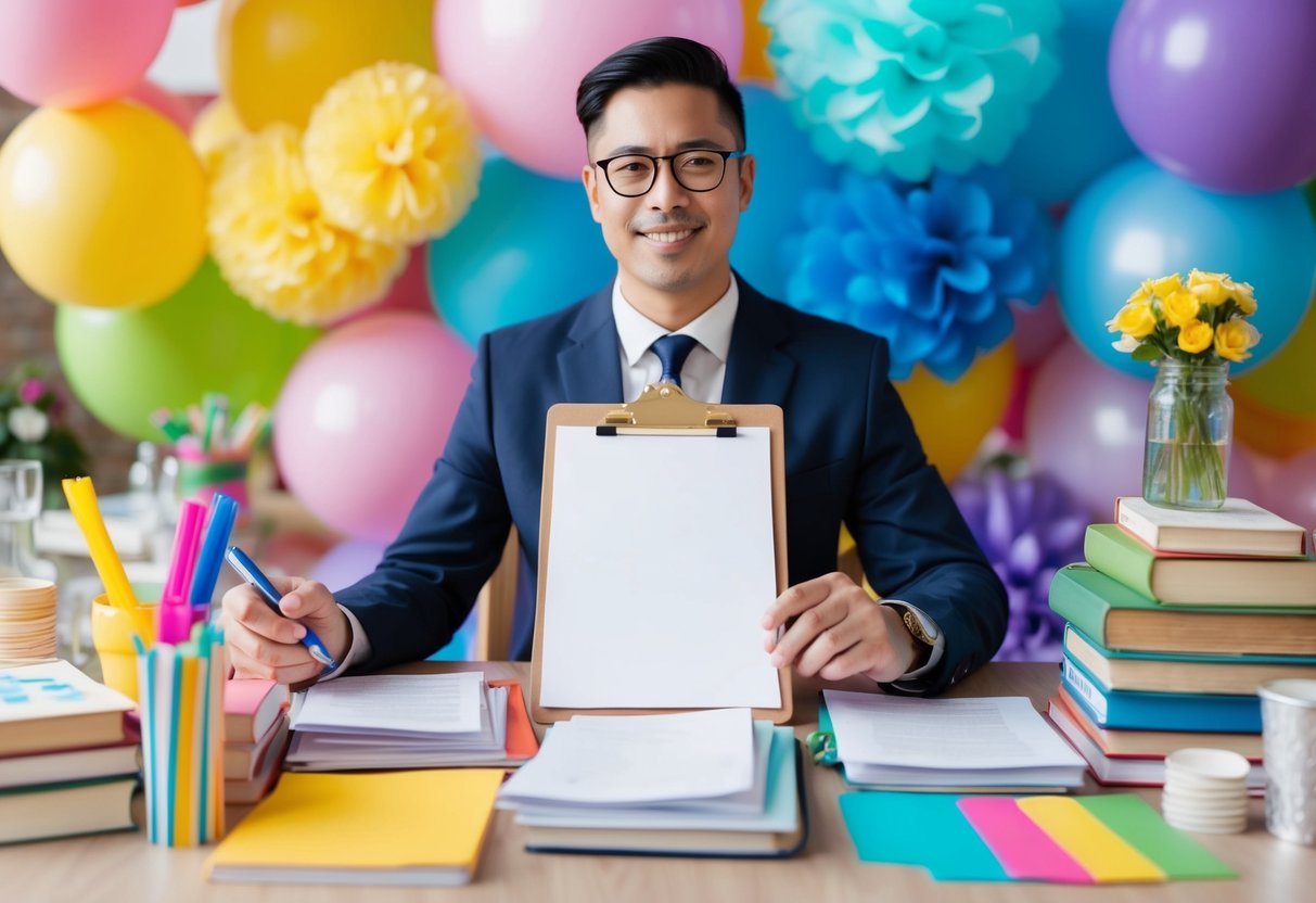 A person with a clipboard and a pen, sitting at a desk filled with books and papers, surrounded by colorful event decorations and party planning supplies