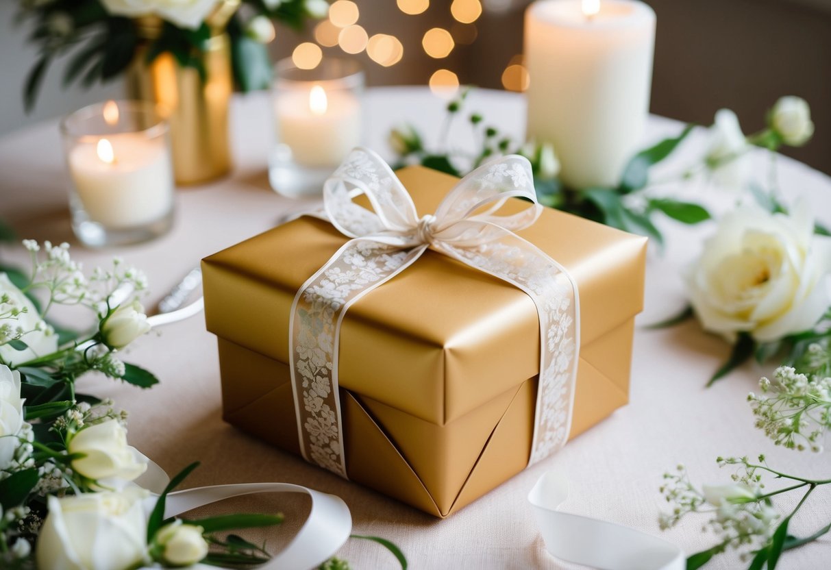 A beautifully wrapped gift box surrounded by elegant wedding decor