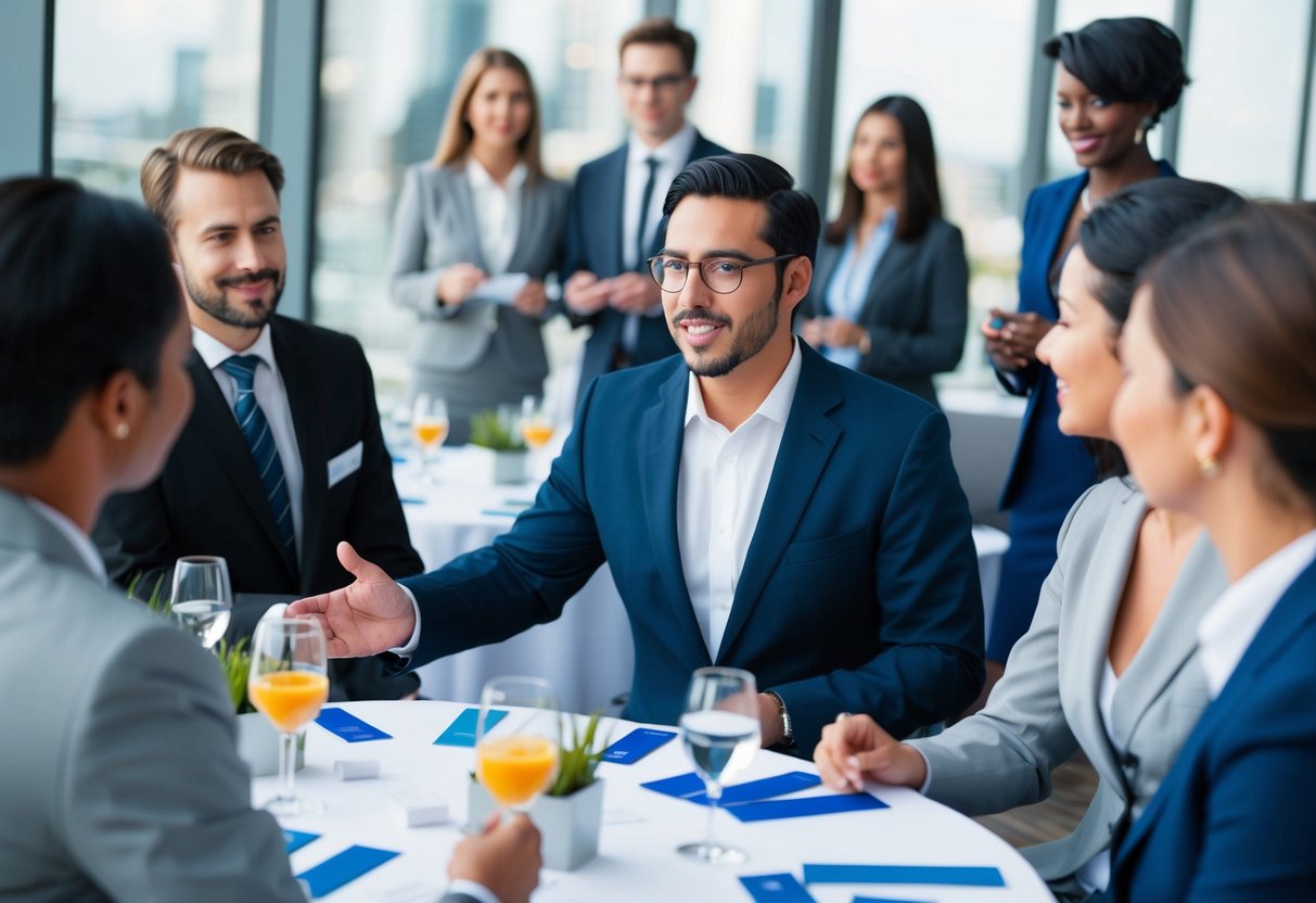 A person speaks with a group of professionals at a networking event. Tables are set with refreshments and business cards