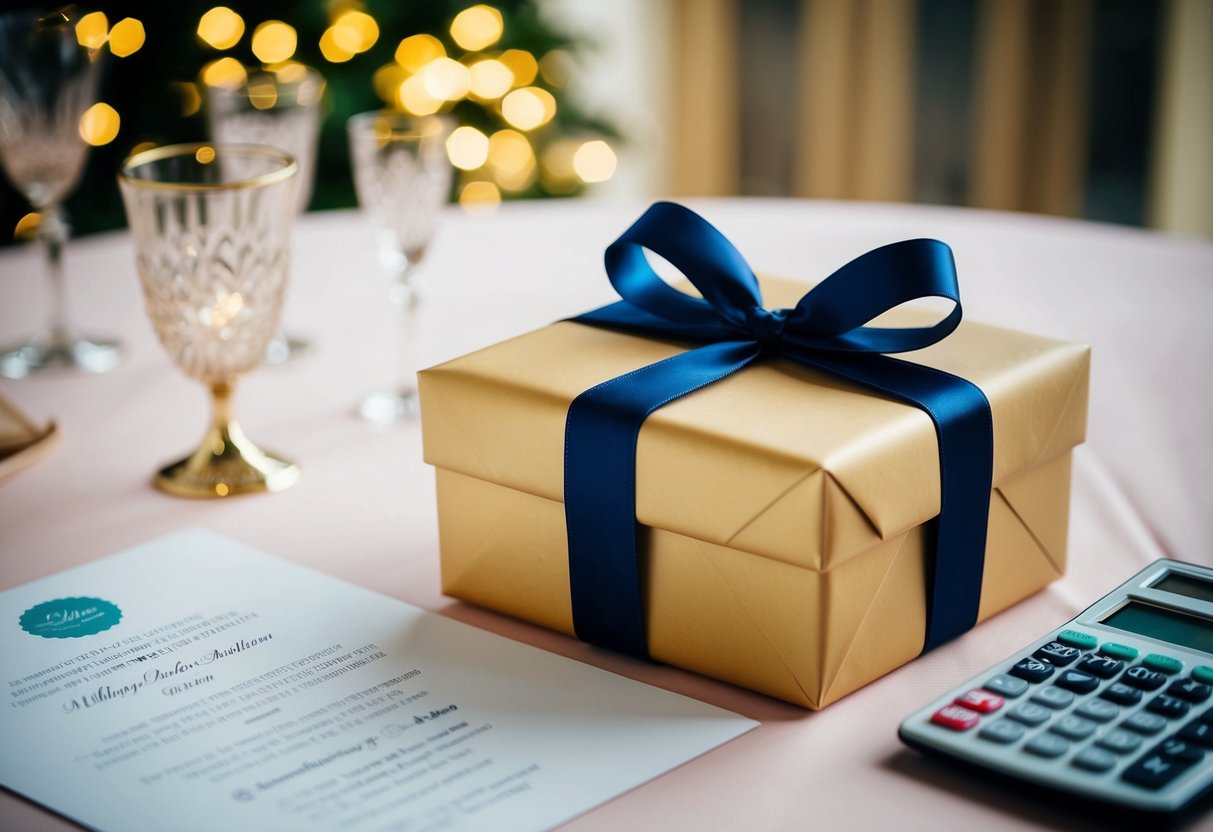 A beautifully wrapped gift box with a ribbon and bow sitting on a table next to a wedding invitation and a calculator