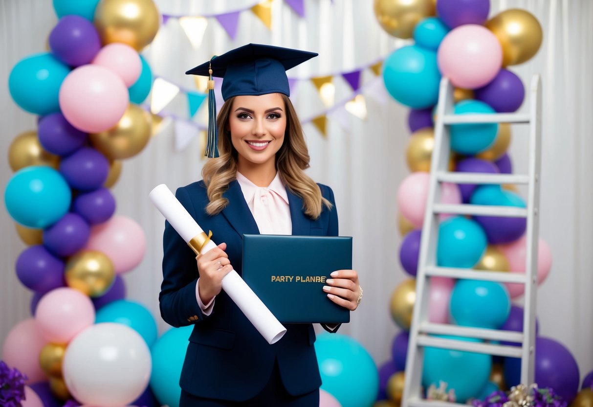 A party planner holding a diploma surrounded by event decor and a career ladder