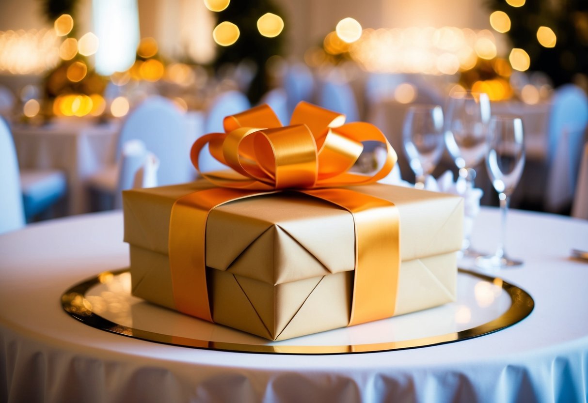 A beautifully wrapped gift box with a bow sits on a decorative table at a wedding reception