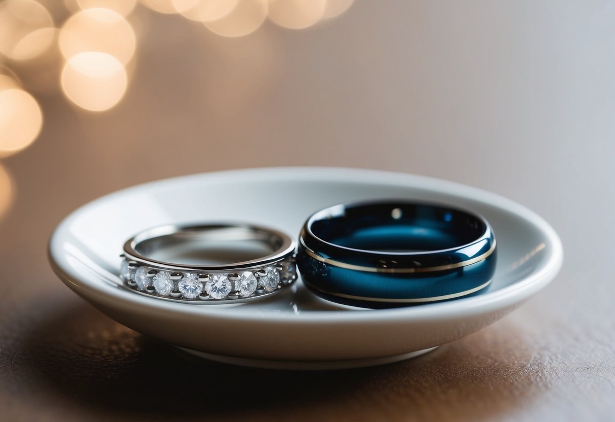 A wedding band and engagement ring sit side by side on a jewelry dish