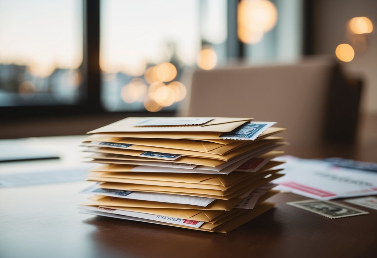 A stack of envelopes with stamps and addresses on a table