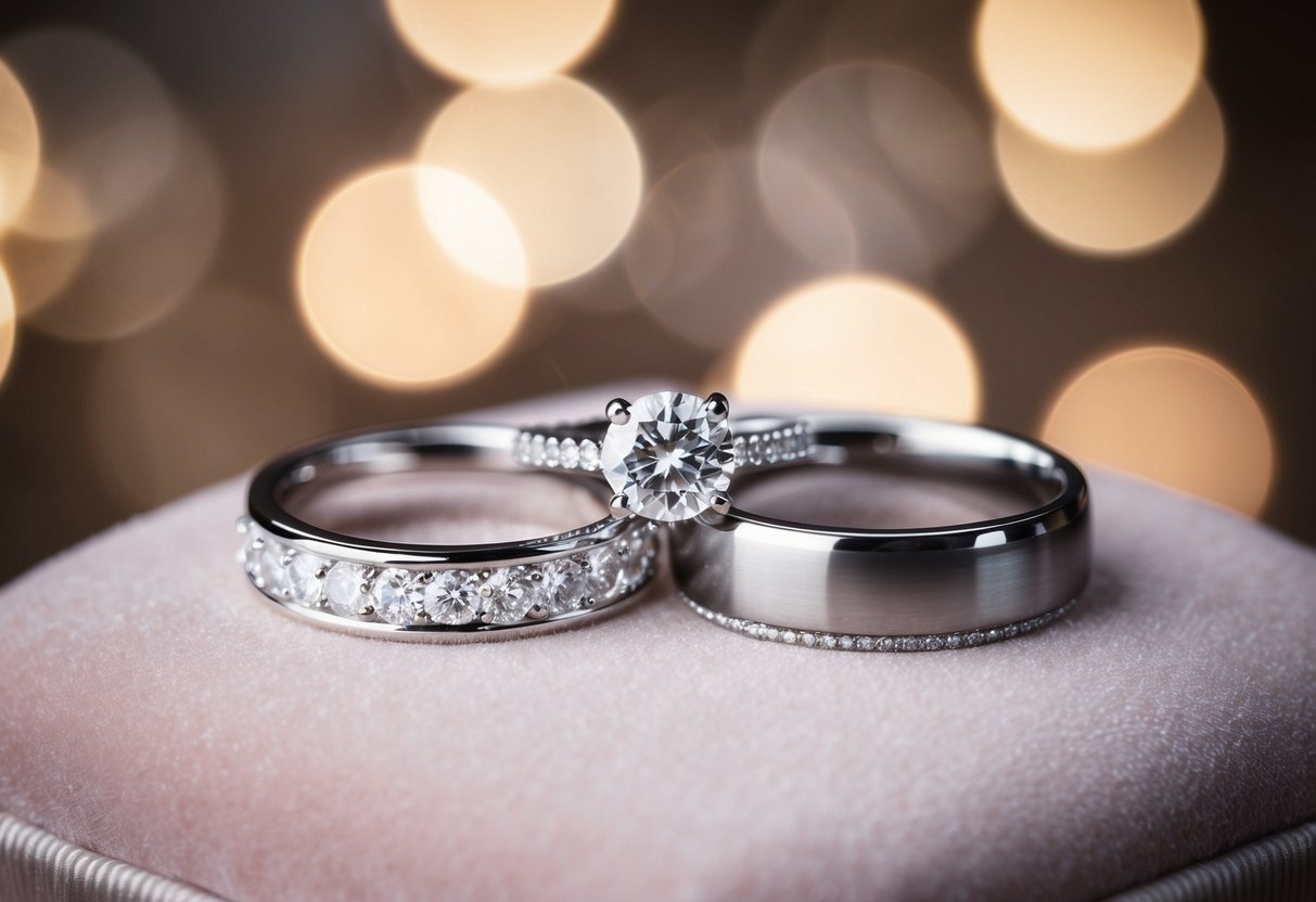 A sparkling engagement ring and wedding band rest side by side on a soft velvet cushion