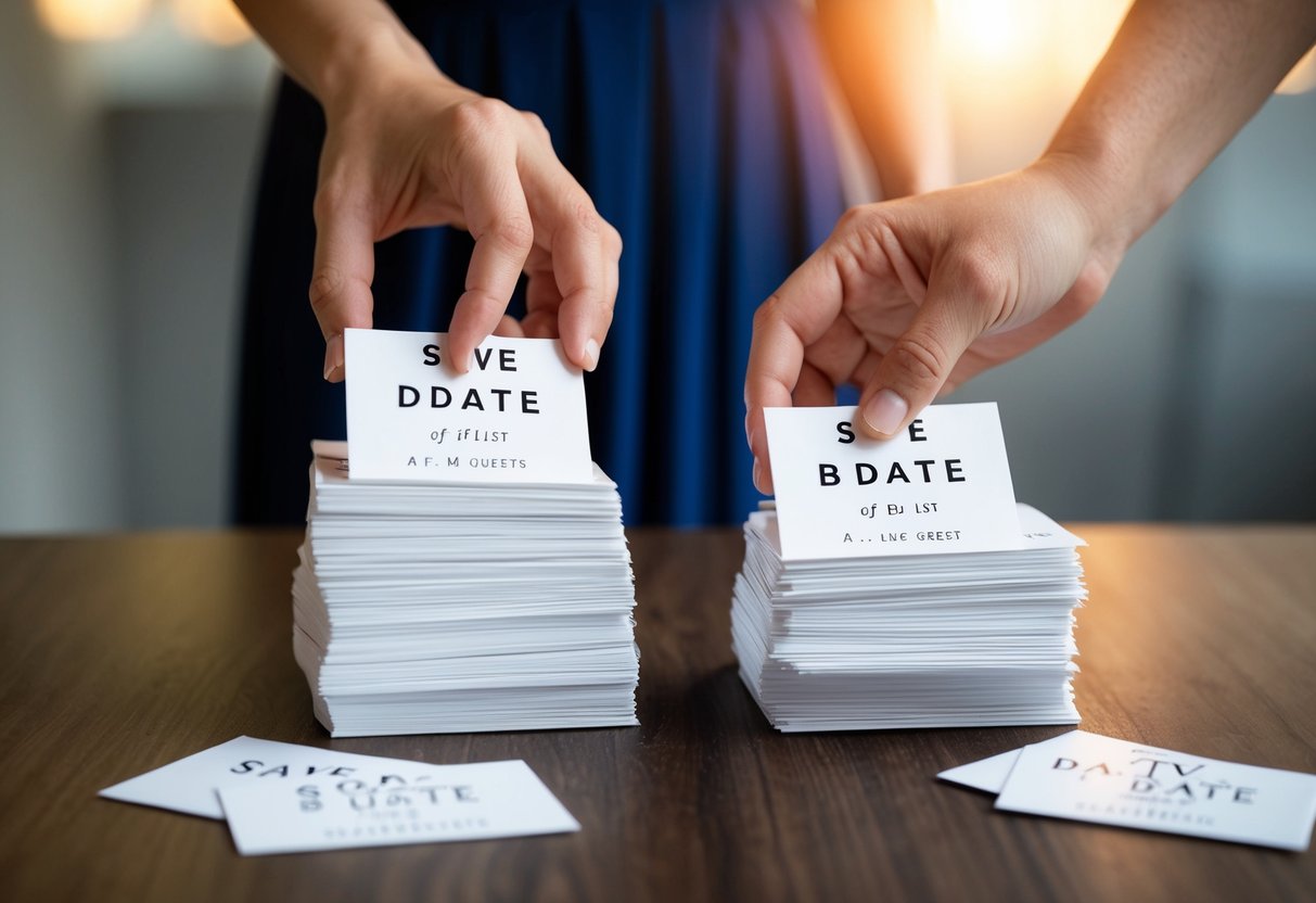A stack of save-the-date cards being sorted into two piles, one for A-list guests and another for B-list guests