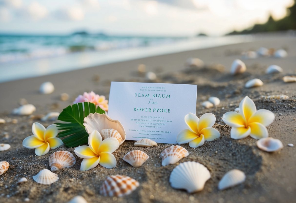 A beach with a wedding invitation washed up on the shore, surrounded by seashells and tropical flowers