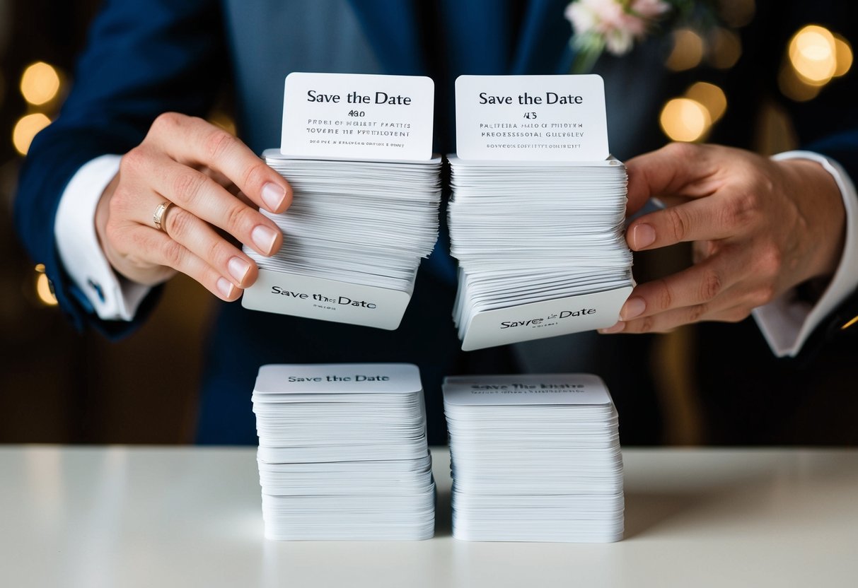 A stack of save-the-date cards being sorted into two piles, one for A-list guests and another for B-list guests