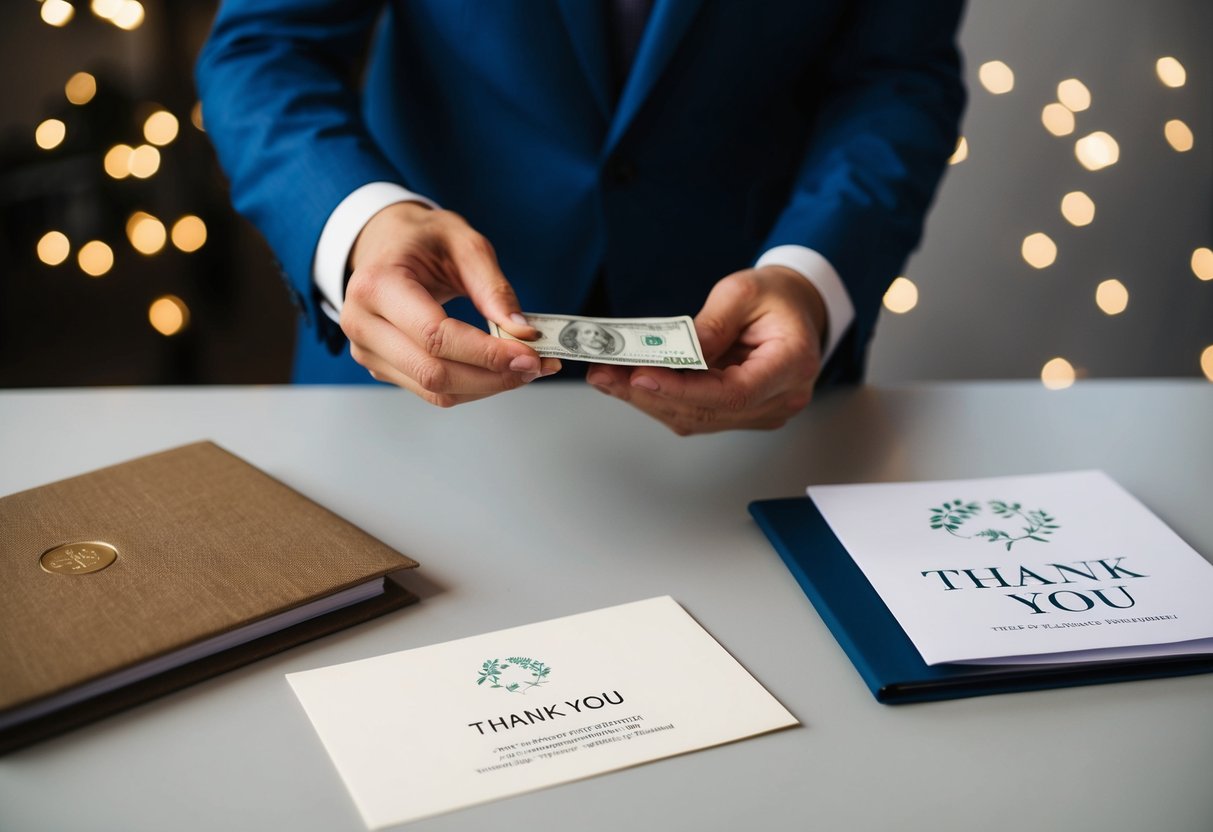 A person placing money in an envelope on a table, with a thank you note and a wedding planner book nearby