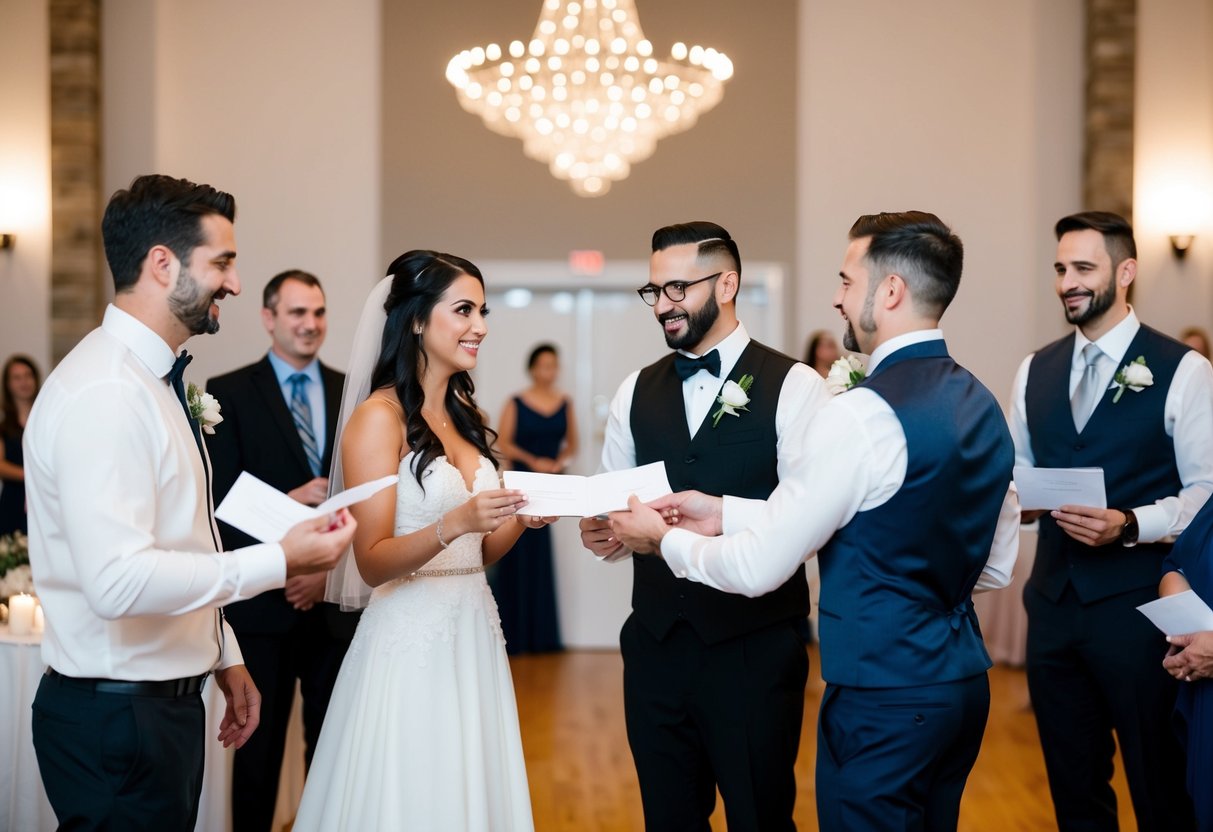 A bride and groom hand over envelopes to various wedding service providers, including a month-of coordinator, in a reception hall