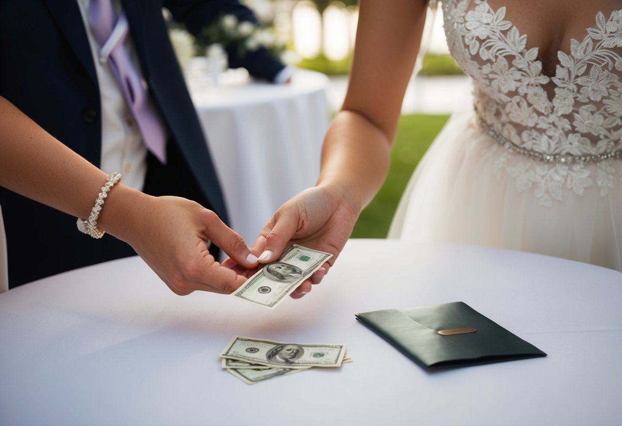 A bride placing money in a small envelope on a table at a wedding