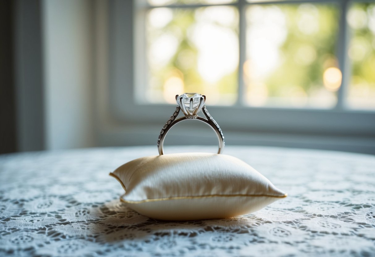 A sparkling engagement ring rests on a silk pillow atop a white lace tablecloth. A soft glow from the nearby window highlights its intricate details