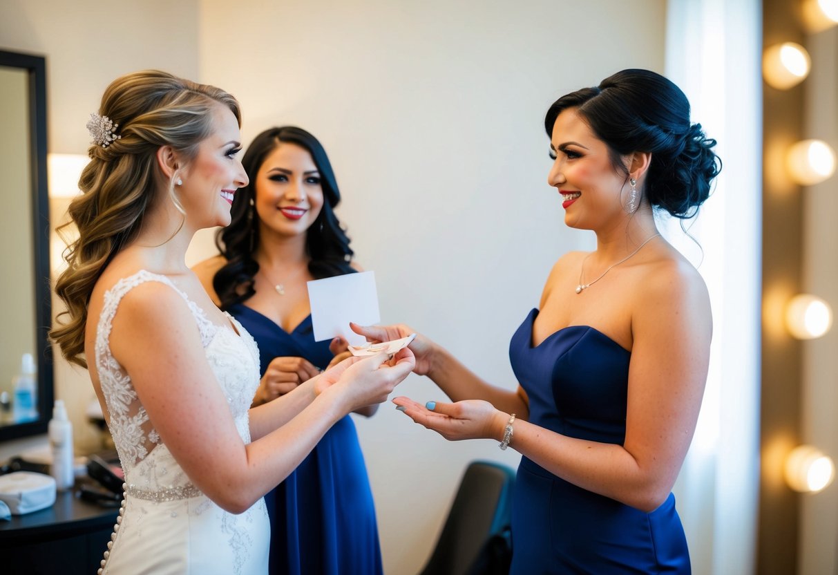 A bride handing a tip to a hairstylist and makeup artist after their services at a wedding