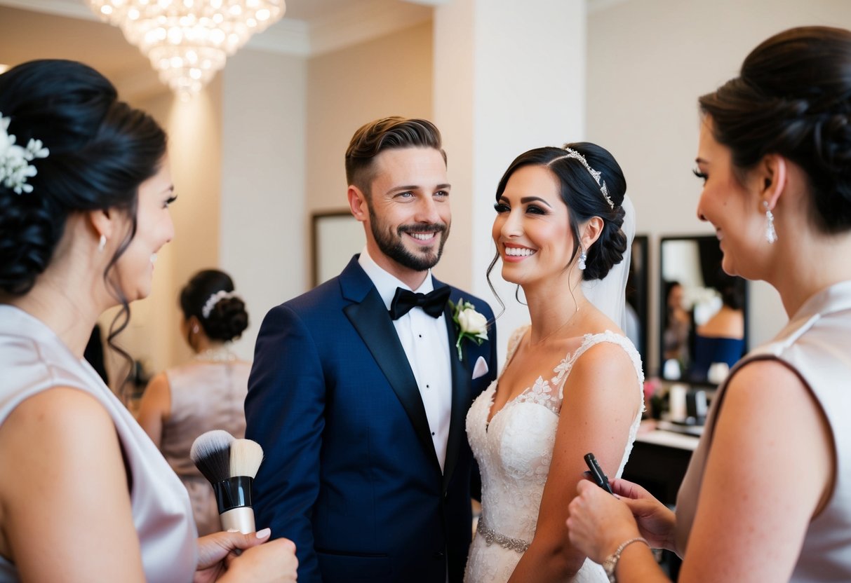 A bride and groom exchanging a grateful smile with their hair and makeup artists after their wedding