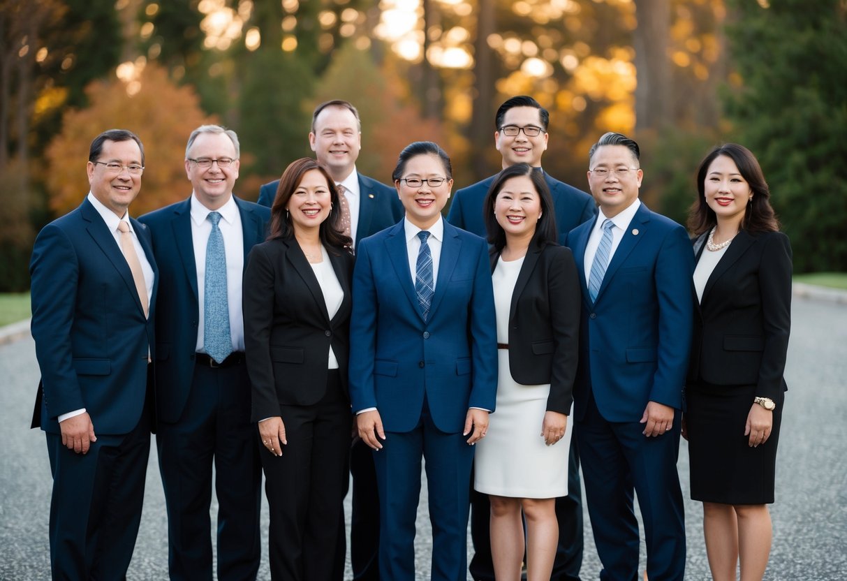 A group of individuals in formal attire standing together, with a mix of men and women