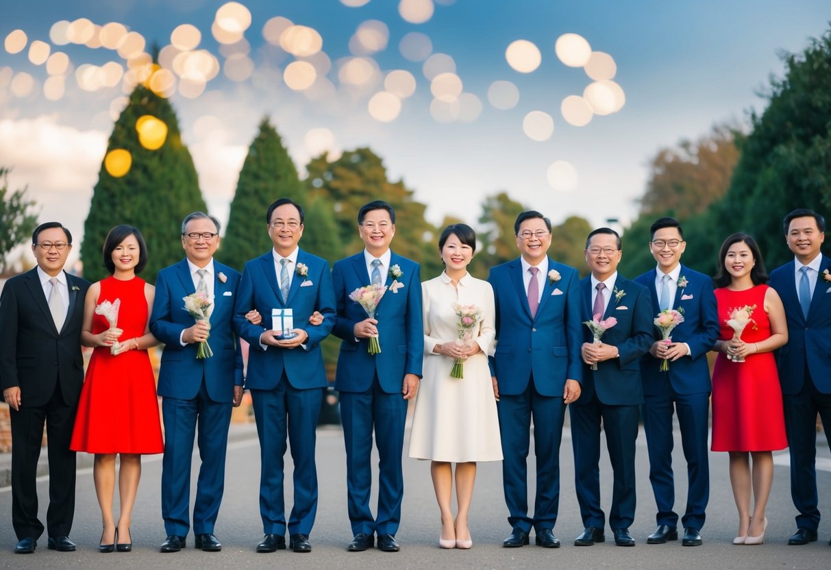 A group of people in formal attire stand together, with some holding flowers and others carrying small gifts