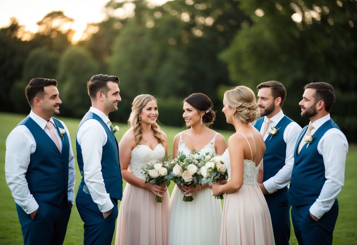 A group of groomsmen and bridesmaids gather for pre-wedding events, discussing their responsibilities and preparations for the upcoming wedding