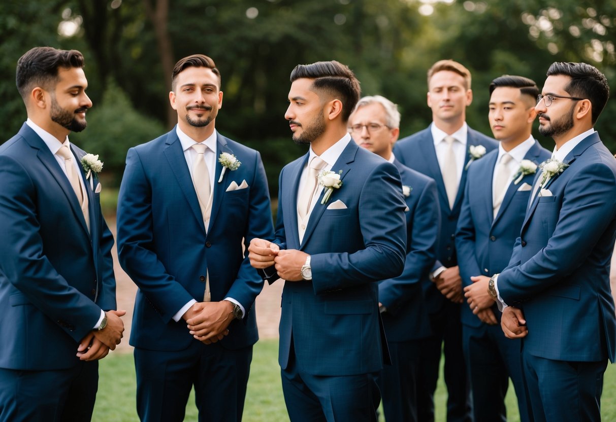 A group of individuals in formal attire stand together, some holding bouquets or boutonnieres, while others adjust their ties and straighten their jackets