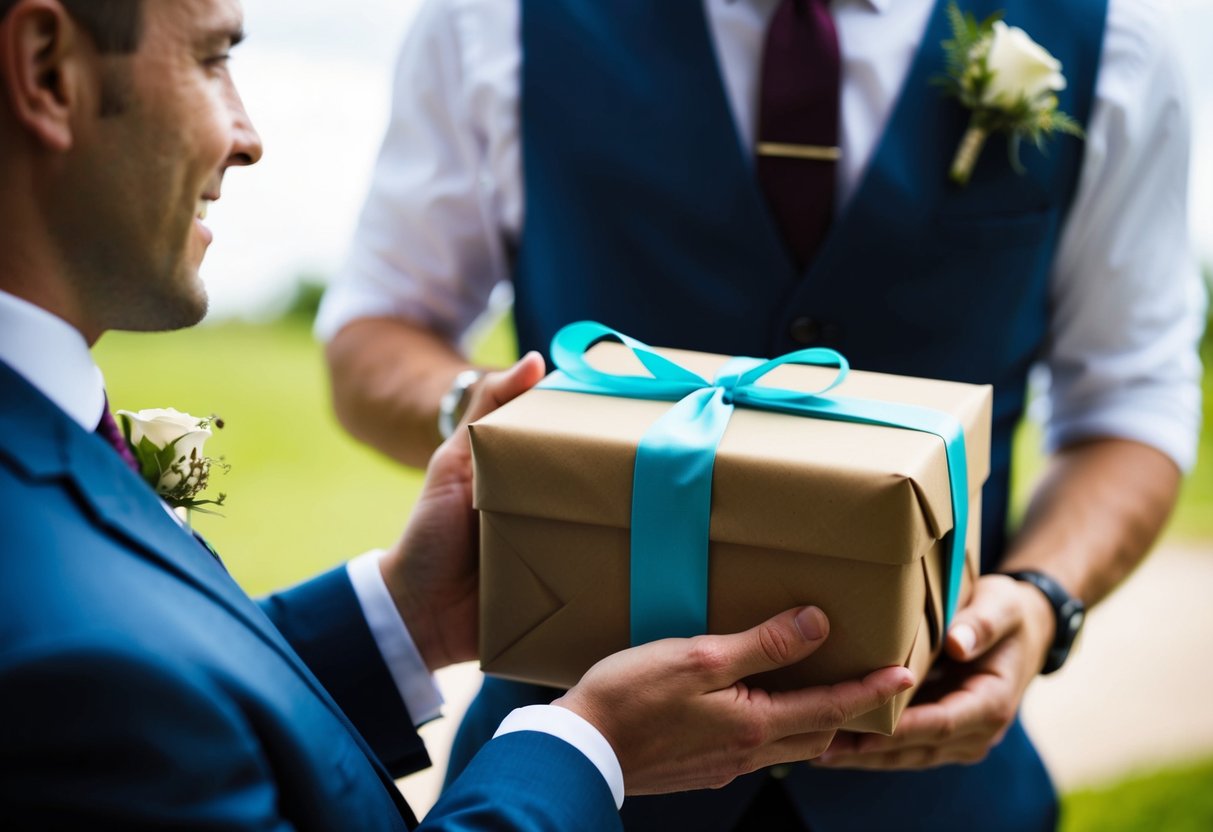 A best man presents a wrapped gift to the groom