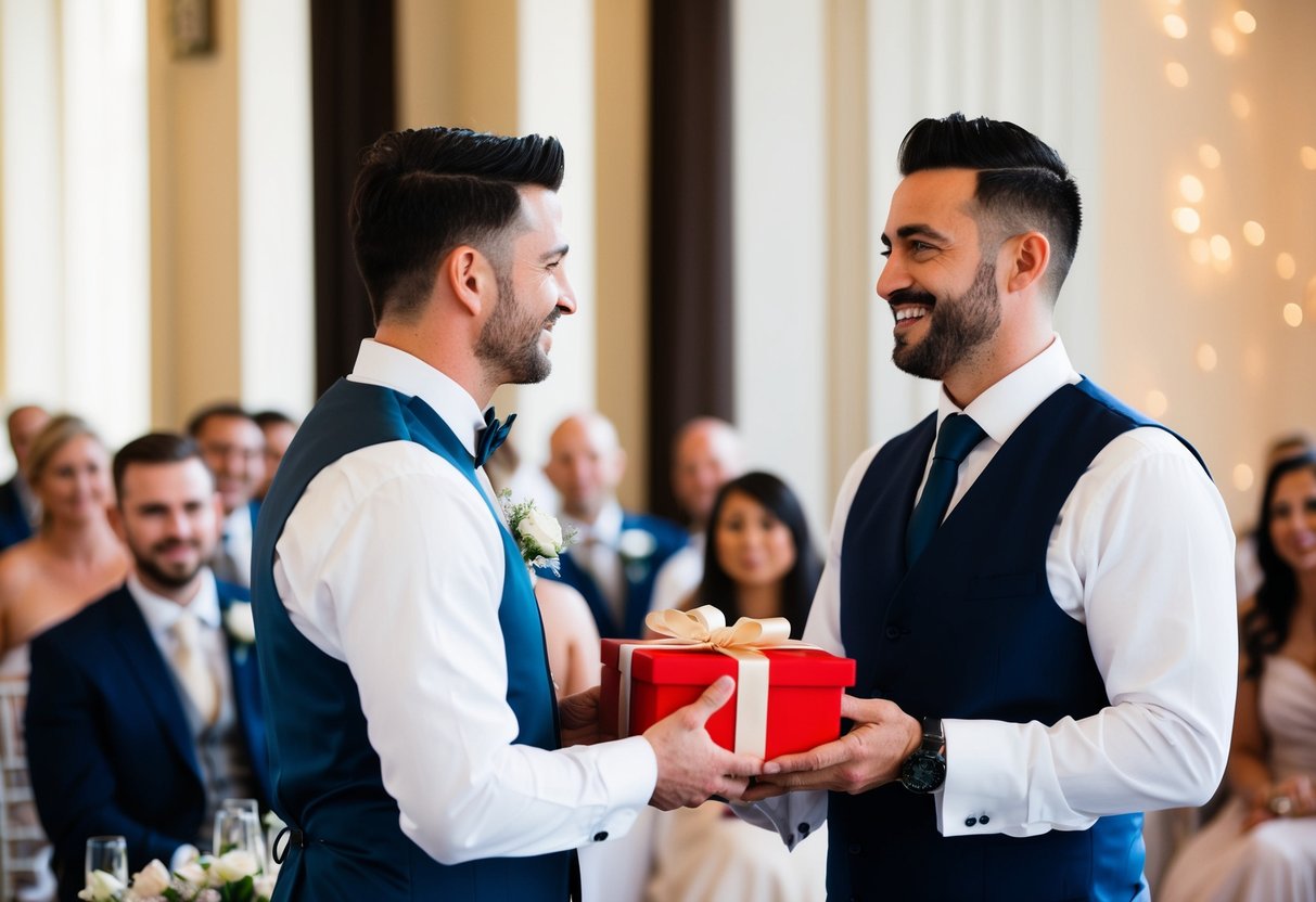 A best man presenting a gift to the groom at a wedding