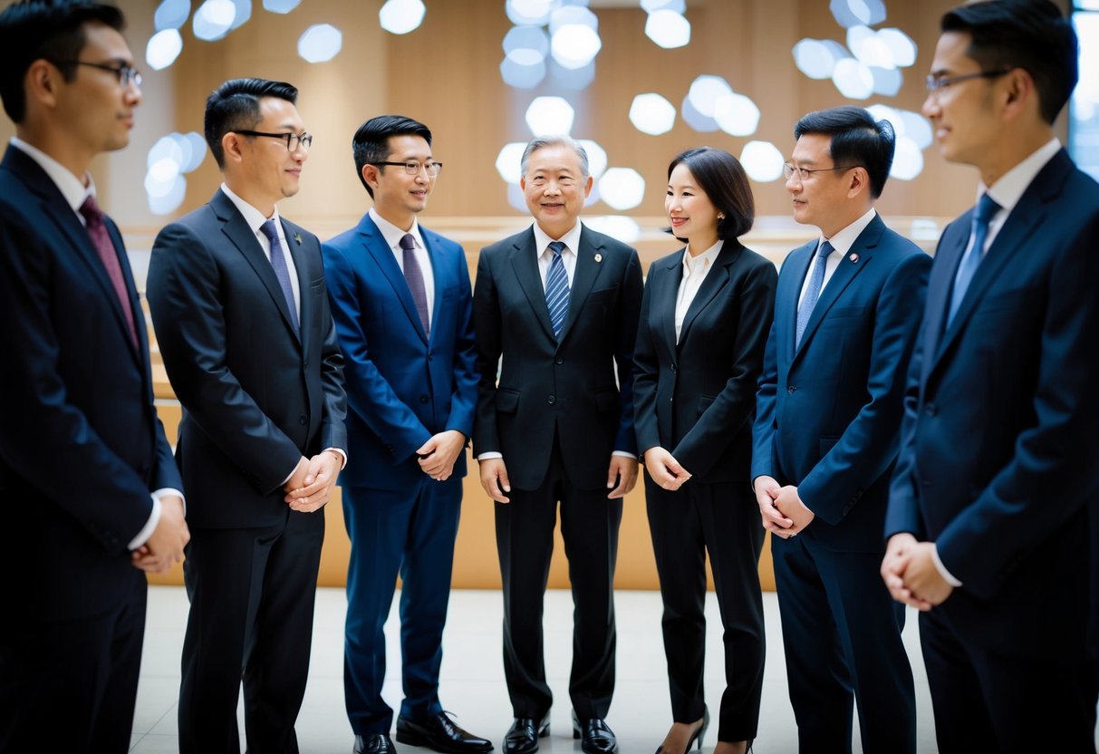 A group of individuals stand together in formal attire, with a central figure distinguished from the others