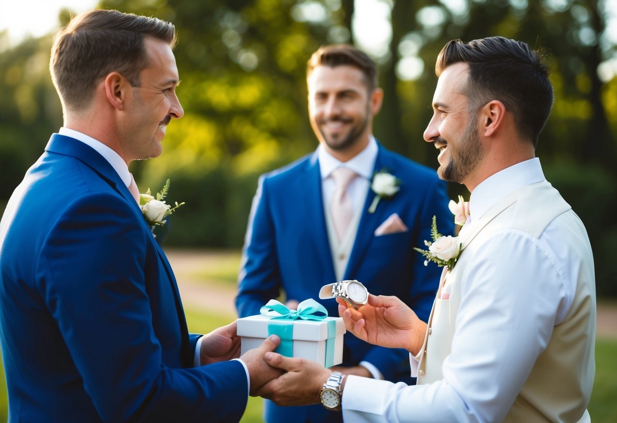 The best man presents a gift to the groom, such as a watch or cufflinks, symbolizing their friendship and support