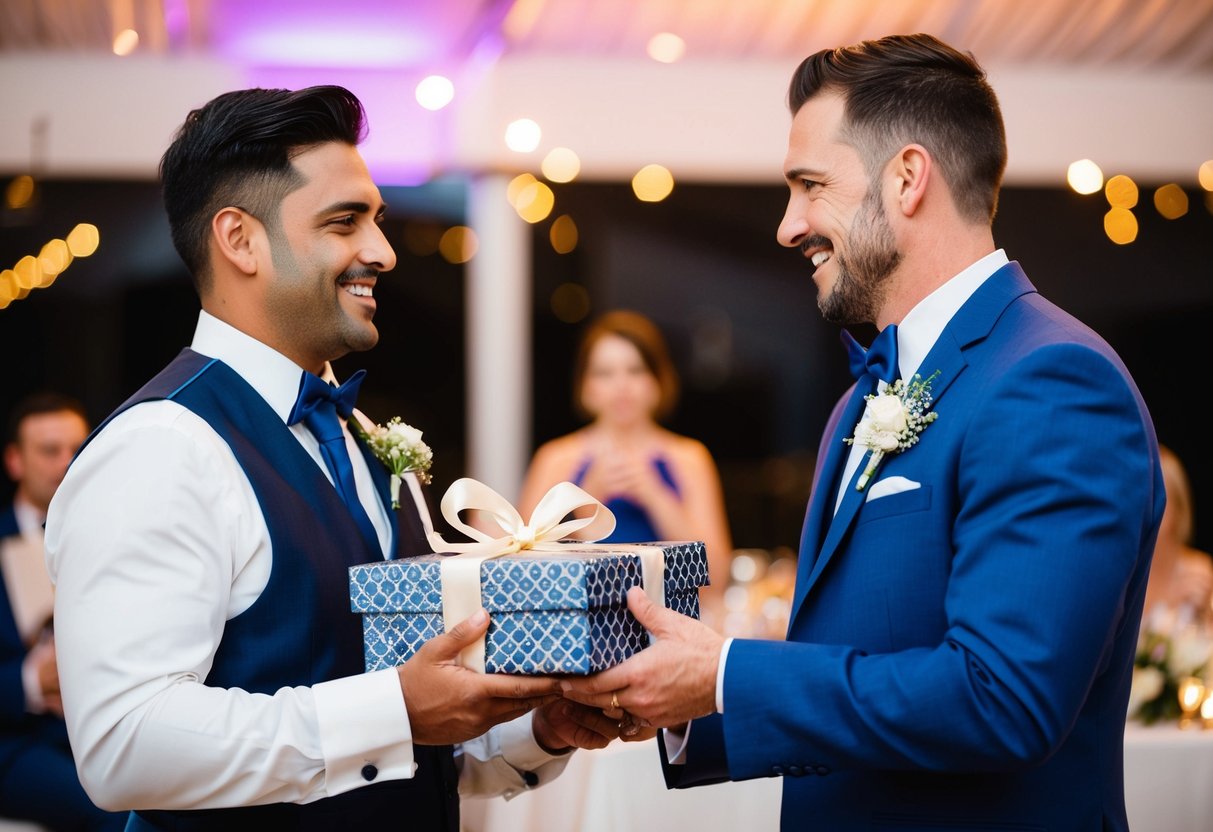 The best man presents a personalized gift to the groom at the wedding reception