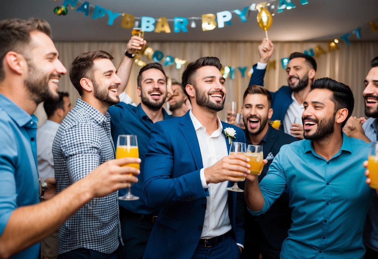 A group of men celebrating with drinks, music, and laughter. A bachelor is surrounded by friends, with decorations and party favors in the background