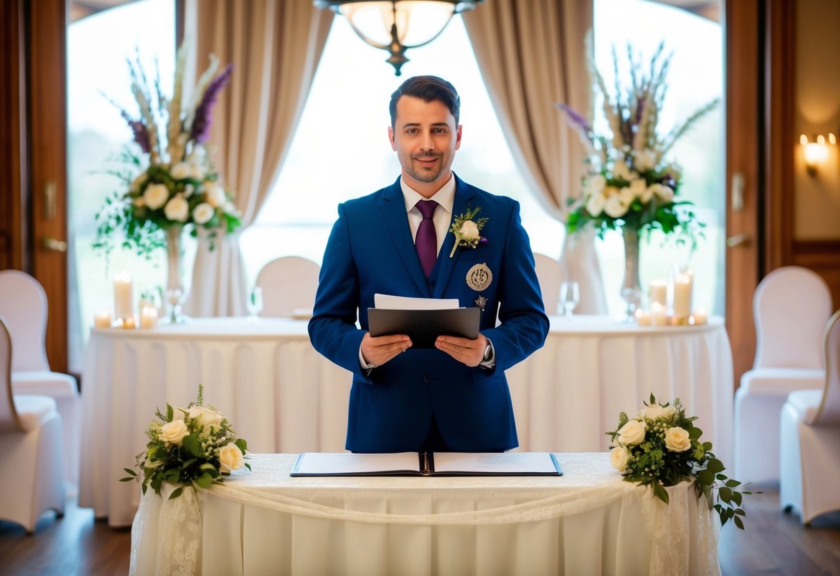 A registrar stands at a decorated table in a wedding venue, ready to officiate a marriage ceremony